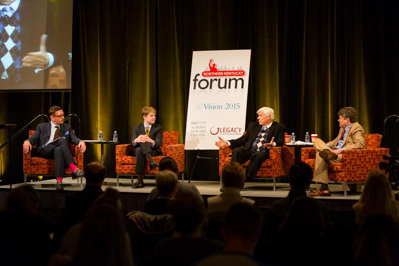 Scripps Howard Center hosted Northern Kentucky Forum moderated by Dr. William Landen (left) speaking with Gov. John Y. Brown (center right) and his son (right) and grandson (center left) speaking about public service. 