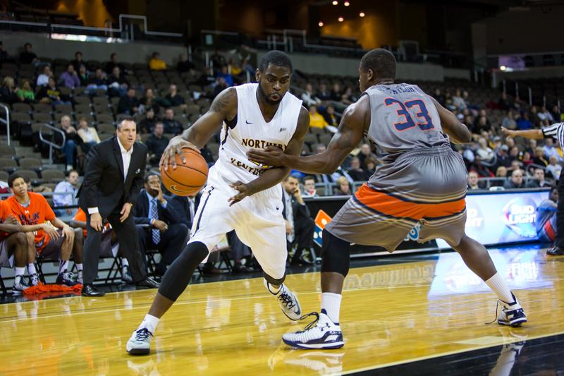 NKU player Jalen Billups drives to the net against UT Martin in the second half of NKU's 56-71 loss. NKU lost to UT Martin 56-71 at The Bank of Kentucky Center on December 3, 2014.