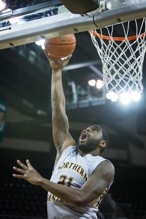 NKU center Jalen Billups goes up for the layup in NKU's loss to North Florida. North Florida defeated NKU 74-66 on Jan. 22, 2015 in The Bank of Kentucky Center.