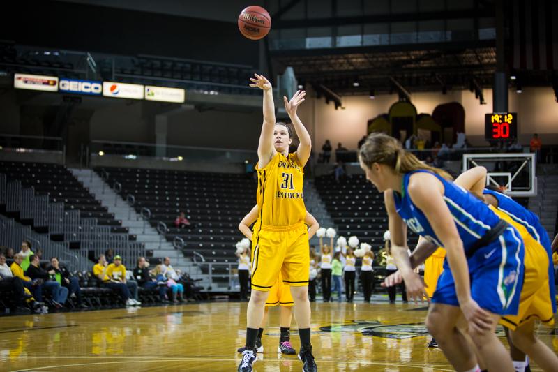 Melody Doss scored her 1,000th point of her NKU career from the free throw line during the second half of NKUs loss to FGCU. Northern Kentucky lost to Florida Gulf Coast 46-76 on Saturday, Jan. 31, 2015 at The Bank of Kentucky Center