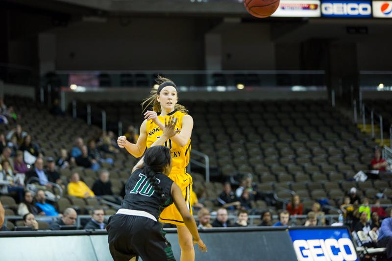 NKU guard Christine Roush passes the ball to a teammate during NKU's win over Stetson. NKU defeated Stetson 68-62 at The Bank of Kentucky Center on Jan. 29, 2015.
