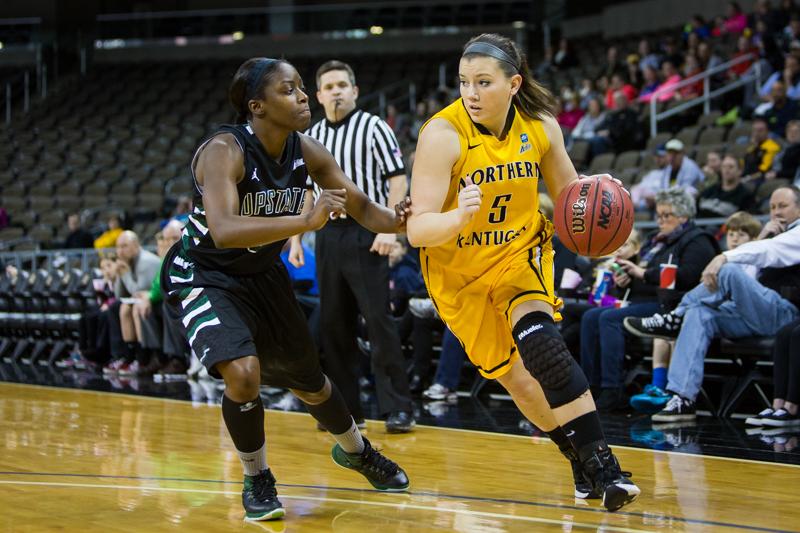 NKU guard Rianna Gayheart (5) and her teammates prepare to open the 2015-16 basketball season Friday at Miami University.