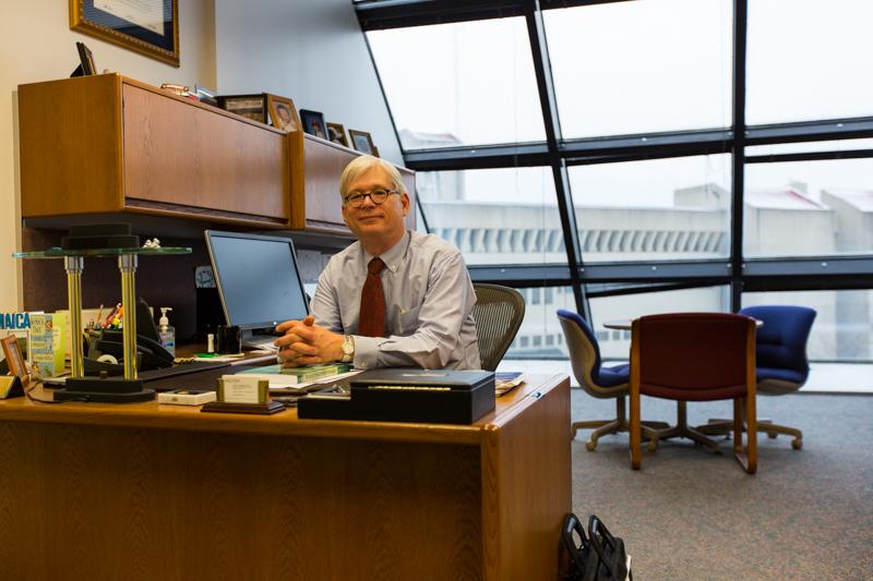 Arne Almquist sits in his office on the fifth floor of Steely Library. Almquists office is unique because of its architecture.