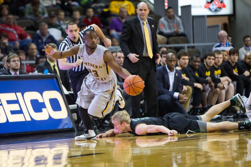 NKU guard Todd Johnson dribbles up the court after stealing the ball from USC Upstate. Johnson had a game high 24 points in NKU's 84-65 win over USC Upstate on Saturday, Feb. 28, 2015 at The Bank of Kentucky Center