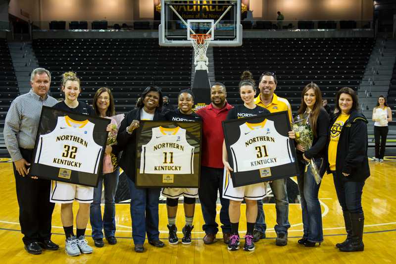 NKU senior's and their family celebrated before NKU win over Kennesaw State for senior night. NKU defeated Kennesaw State 68-61 at the Bank of Kentucky Center on Wednesday, Feb. 25, 2015.
