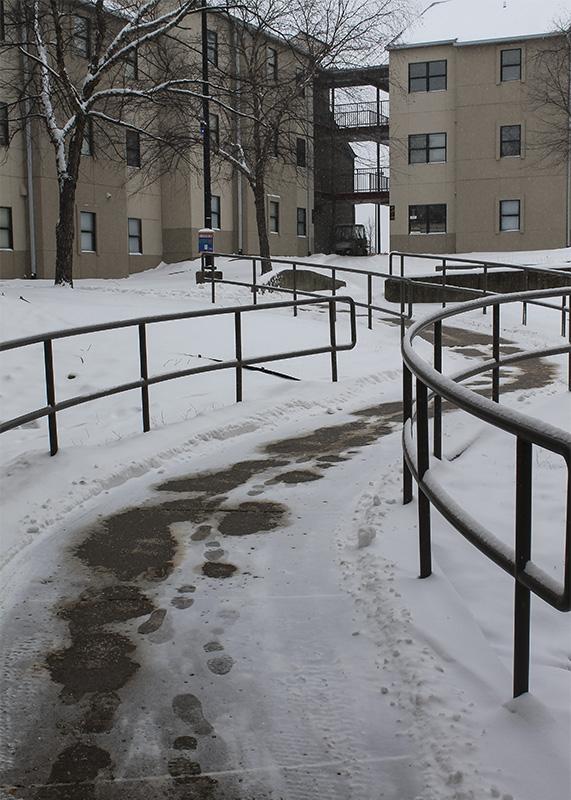 CMA salt was used to clear of the sidewalks in the residential village as snow took over campus.  NKU was closed Monday, Feb. 16 due to inclement weather.