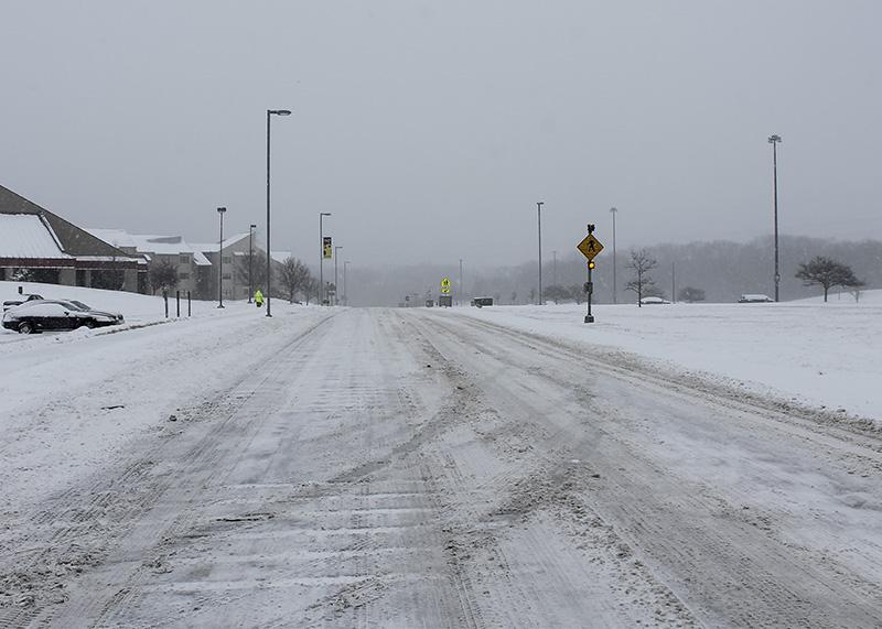 The roads on campus are plowed regularly as the snow continued to fall.  NKU was closed Monday, Feb. 16 due to inclement weather.