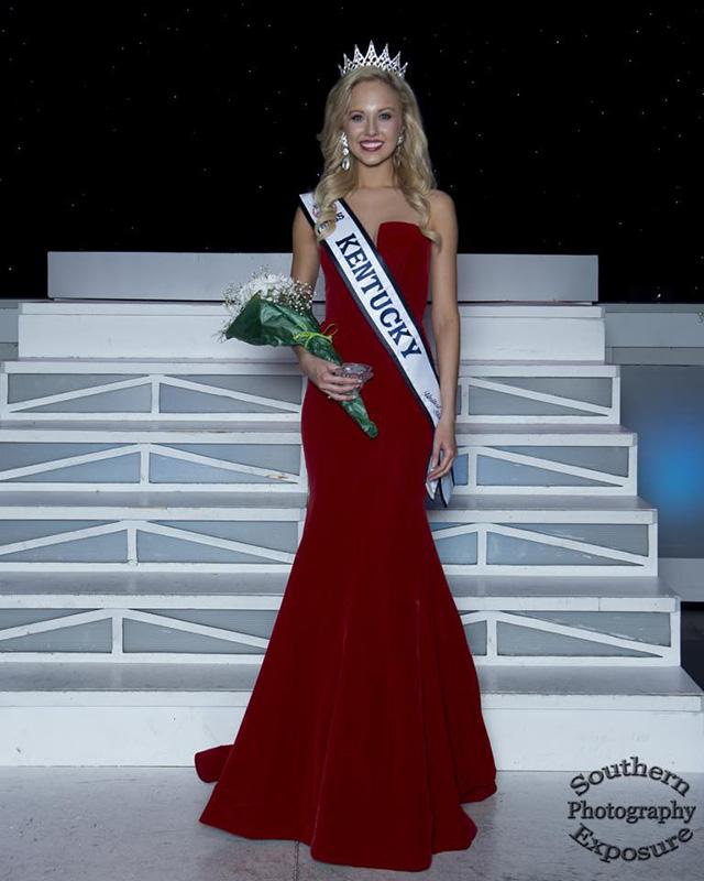 Katie Himes stand on stage after winning the Miss Kentucky pageant. 