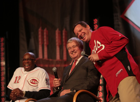 NKU and Cincinnati Reds broadcaster Jim Kelch poses with Cincinnati Reds owner Bob Castellini and former Reds manager Dusty Baker. Kelch is the "Voice of the Norse" for NKU men's basketball radio broadcasts. Photo provided by the Cincinnati Reds.