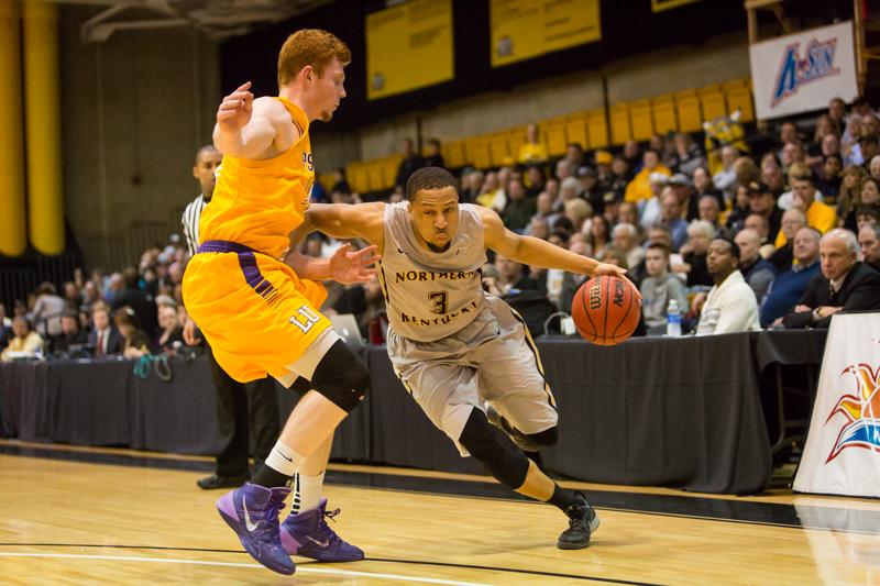 NKU guard Tyler White (3) led the Norse with 17 points in its season-opening loss to West Virginia.