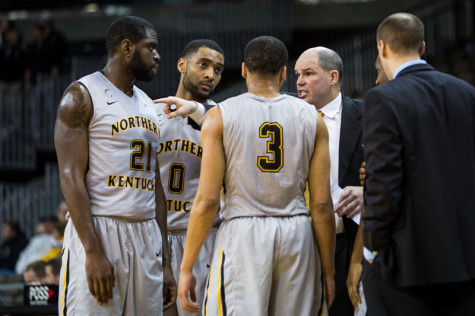 Dave Bezold talks to his team during NKU's match-up against North Florida on Jan. 22, 2015. Bezold's final record at NKU was 194-133.