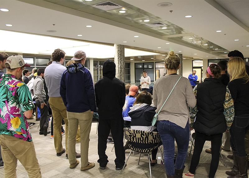 A crowd gathers as Tyler Stevens announces the members of the 2015-16 Student Government Association. The results were announced after two days of voting on March 25, 2015.