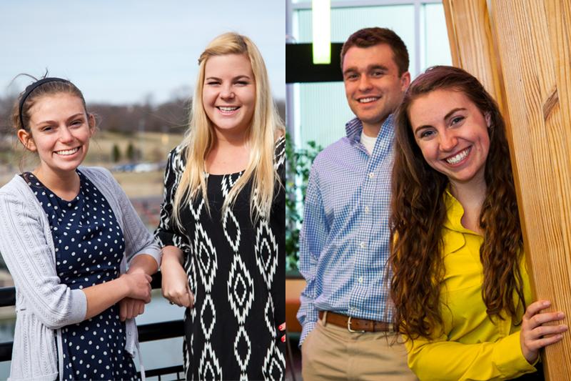 Presidential Candidate Ellie Kremer (middle) and Vice Presidential Candidate Hannah French (far left) are running on a platform based on uniting the campus community. Presidential Candidate Kat Hahnel (far right) and Vice Presidential Candidate Will Weber are focused on allocating more money to scholarships.