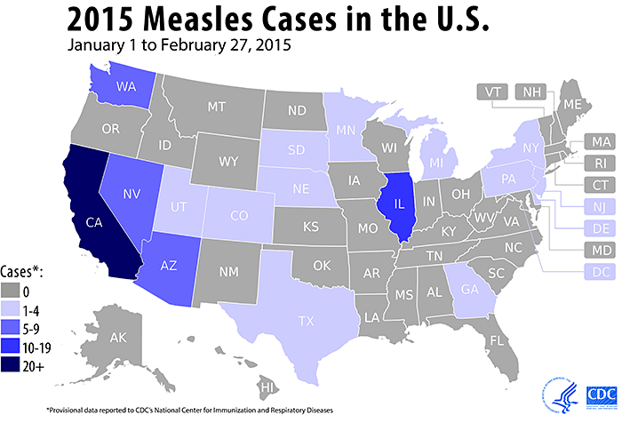 A map showing the number of measles cases by state. The color distinctions signify the amount of cases in each state.