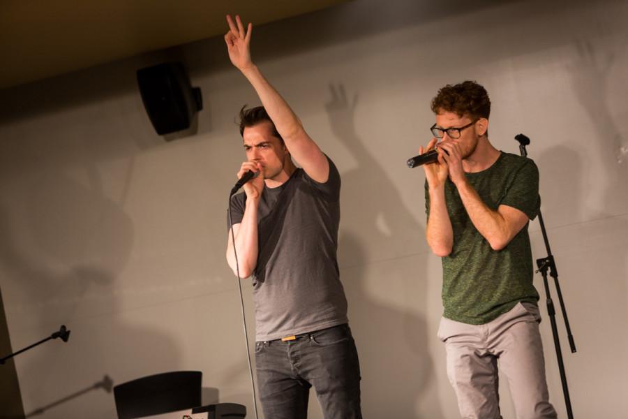 Ben McLain and Paul Peglar of Dakaboom performing on stage in the multipurpose room in the Student Union. Dakaboom performed on stage in the James C. and Rachel M. Votruba Student Union on NKU Campus in the Multipurpose Room on April 20, 2015.