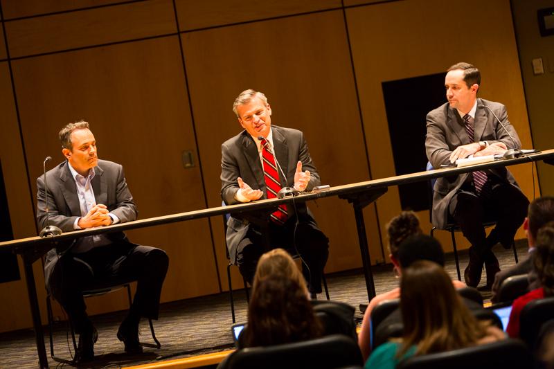(From left to right) Matt Bevin, Hal Heiner and Chris McDaniel debate at NKU's Gubernatorial Debate on April 22. 