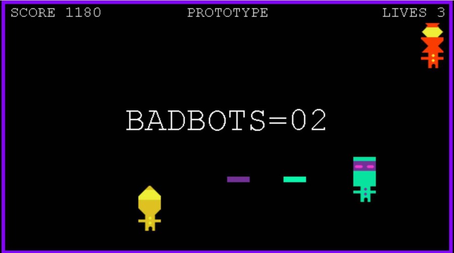 Robo Ricochet displays the players cool colored bot fighting the
warm colored bad bots. The game is developed solely by AJ Ryan.  