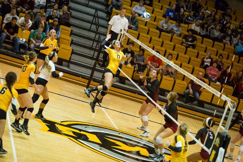 Jenna Ruble goes up for the ball against Eastern Kentucky University. NKU won against them 3-1 on Oct. 28, 2014. 