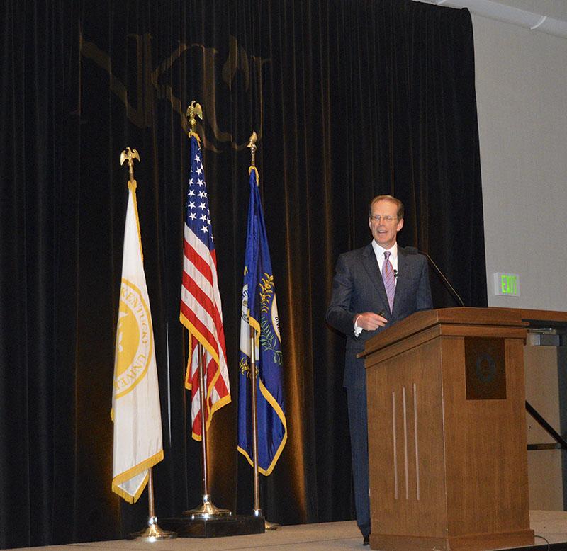 President Geoffrey Mearns delivers the annual Spring Budget Address Wednesday, April 29. Mearns discussed enrollment, retention and state appropriations.