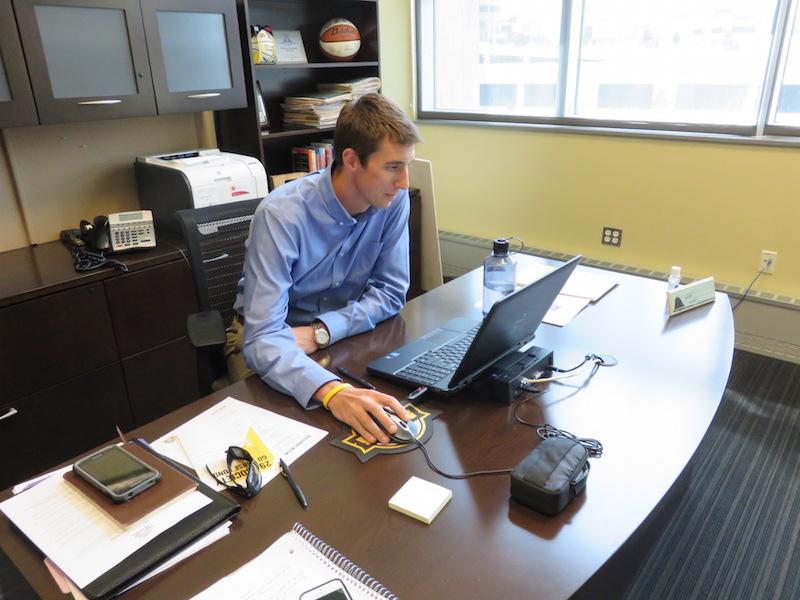 Jeff Baldwin works in his new office in the BB&T Arena. Baldwin started the position of Director of Development on July 31, 2015.