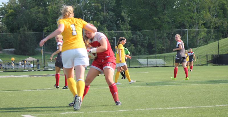 Sami Rutowski goes after the ball until the WKUs goalie snatches it up in their exhibition game on August16, 2015. Rutowski would score the lone goal in the 1-1 draw.