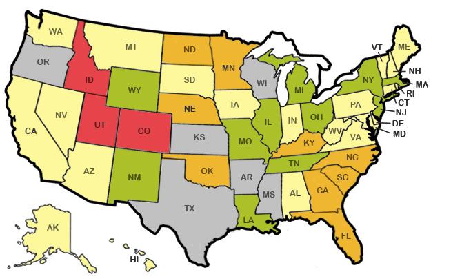 RED = Concealed guns allowed by law


GREY = Concealed guns allowed by law, but schools limit 
locations/who carries


GREEN = Concealed guns on campus prohibited by law


YELLOW = Schools decide weapons policy


ORANGE = Concealed guns allowed only in locked cars in parking lots