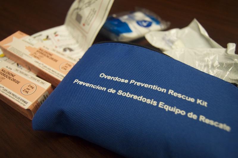Each overdose prevention kit includes two doses of Naloxone, step-by-step instructions, a nasal atomizer delivery device, a rescue breathing mask, latex gloves and a list of local treatment facilities.