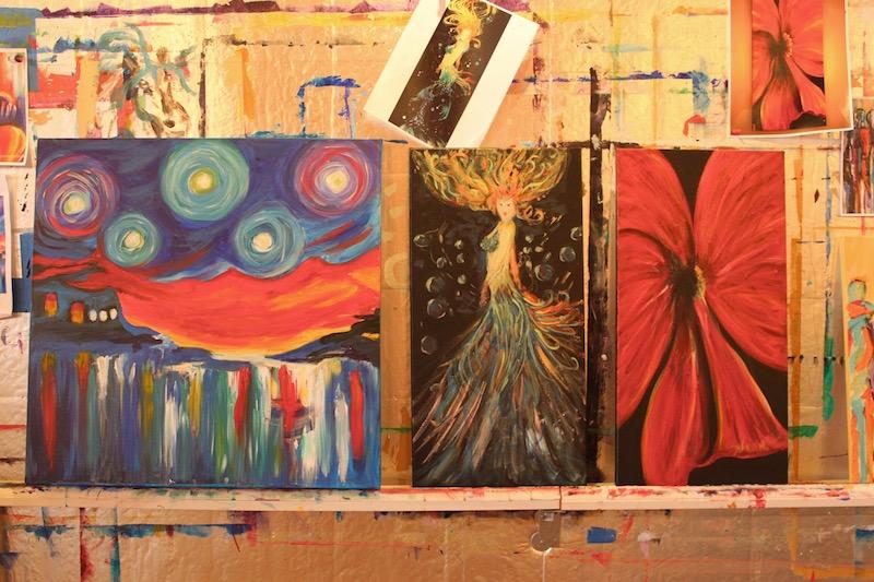Some of the creations from the Co-Creation Artworks classes that will eventually be available to auction off and raise money for Purposeful Painting's cause.