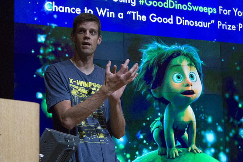 Matt Nolte describes the challenges of creating artwork for The Good Dinosaur. Disney Pixar came to Griffin Hall Tuesday. 