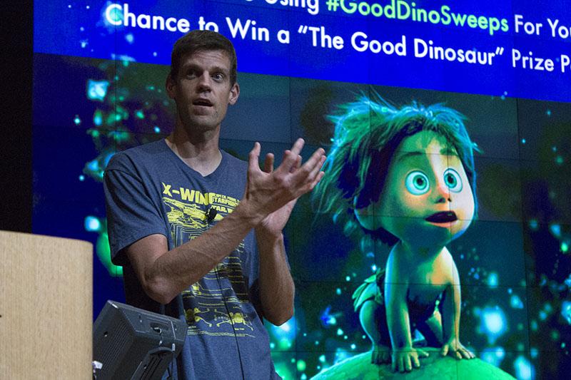 Matt Nolte describes the challenges of creating artwork for "The Good Dinosaur." Disney Pixar came to Griffin Hall Tuesday. 