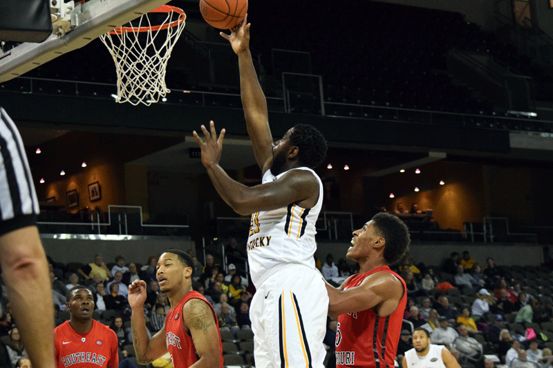 Jalen Billups (21) scored 18 points and picked up his 500th career rebound Saturday in NKUs loss to Green Bay.