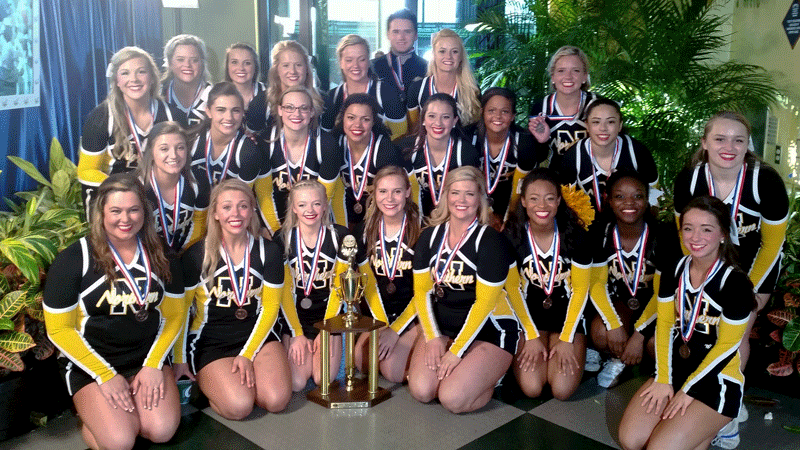 Members of the Northern Kentucky University cheerleading squad placed third in its competition class Sunday in the 2016 College Cheerleading and Dance Team National Championship.