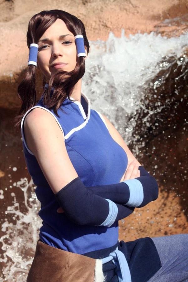 Koehler is dressed as Korra from 'Legend of Korra'. Scenery adds to the feel of the character such as the waterfall since Korra has the ability to manipulate water.