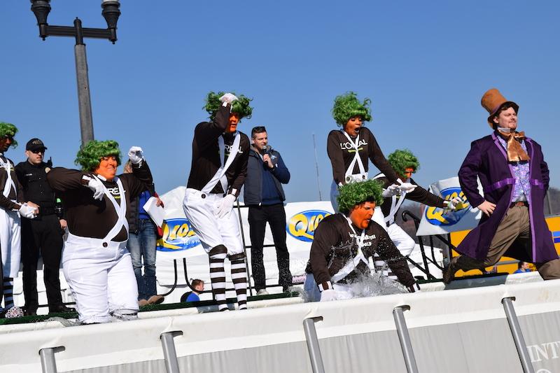 A group of oompa loompas from L’Oréal jumped in. The green hair and orange makeup, much to the announcer’s from Q 102 surprise, survived the water without smearing. 