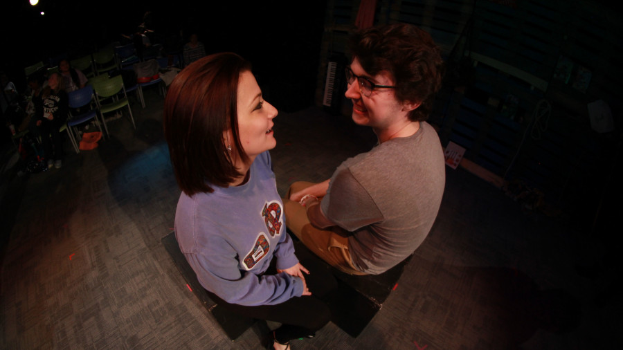 Aaron Marshall playing the character Xander, Gabby Francis (Becca) preparing for a passionate kiss in the upcoming play, Years.
