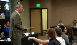 NKU Director of Athletics Ken Bothof speaks with students during Tuesday's open forum on NKU's move to the Horizon League.