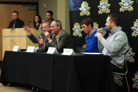 A panel discussed NKU's move to the Horizon League during a Tuesday open forum in the student union. The panel included, from left to right, Daniel McIver, Ken Bothof, Jeff Baldwin and Brandon Hays.