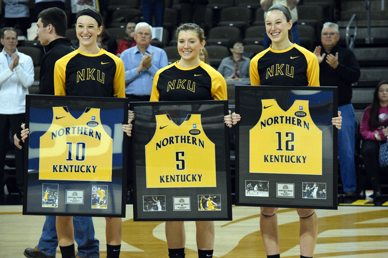 NKU seniors Christine Roush (10), Rianna Gayheart (5) and Courtney Roush (12) were honored prior to Saturdays game against Cleveland State.