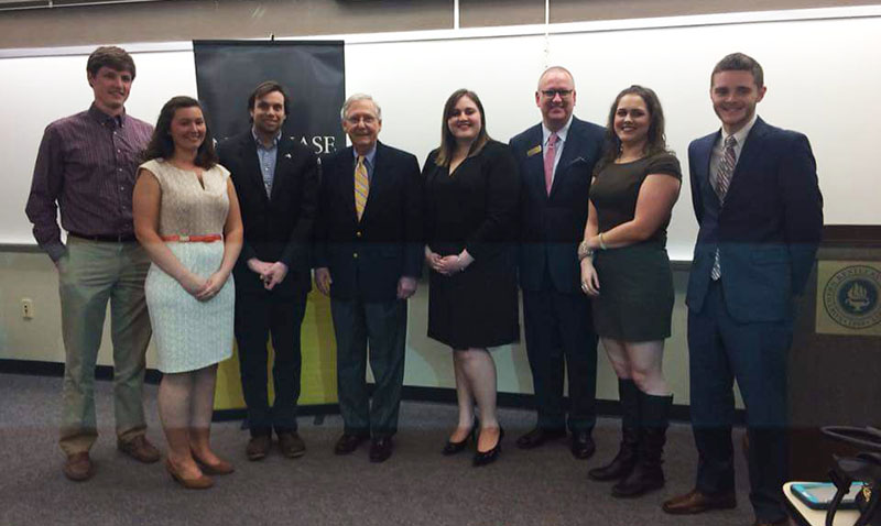 The+NKU+Chase+Federalist+Society+with+Sen.+Mitch+McConnell+after+his+talk+on+campus+on+March+24.+