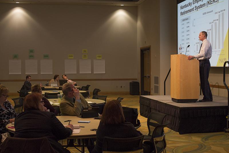 Mike Hales, chief financial officer, presents a variety of budget scenarios to faculty and staff on March 3. The final budget changes wont be approved until mid-April.