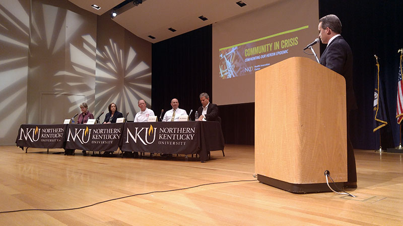 A panel discussion took place following Quinones conversation to talk about potential solutions for the heroin epidemic. Panel members include (left to right) Perilou Goddard, Lynne Saddler, Eric Specht, Jason Merrick, Sam Quinones. 