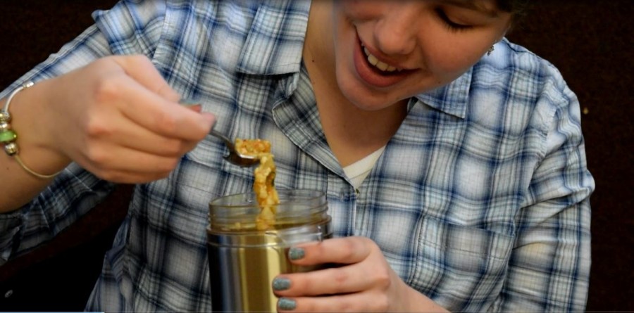 Williams picks around for the perfect piece of squid in a lunch she brought from home. Williams was first diagnosed with celiac disease in the 8th grade. 