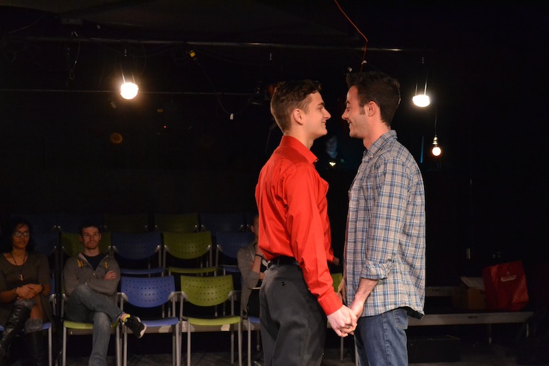 Colin Kissel, playing John and George Ivan, playing John's boyfriend rehearsing for "Cock" which opens March 13.