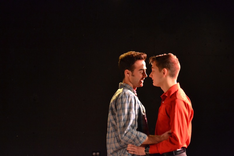 Colin Kissel (John) and George Ivan (Man), just before a kiss during a rehearsal for Cock.