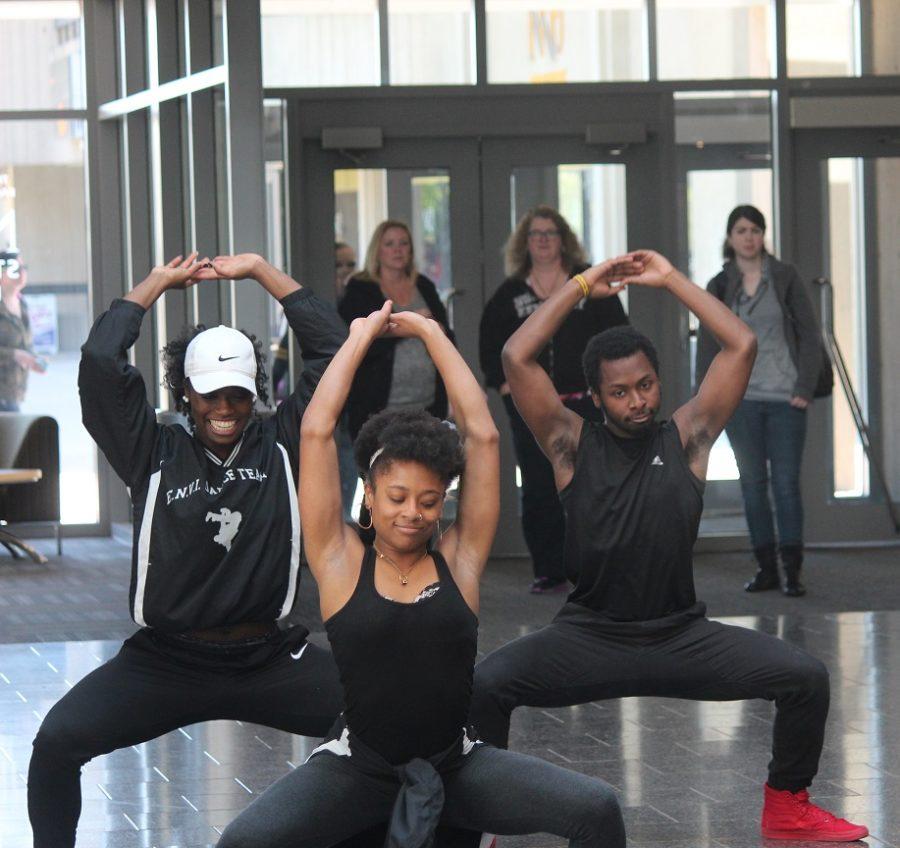 Even with only 4 of the teams dancers to participate in the flash mob, ENVI still captures the crowd with upbeat dance moves and high energy. Dance captain, Valencia Stallings, and team members, Rhonisha Gentry, and Marquise Howie showcases ENVI dance team in the Student Union lobby. 