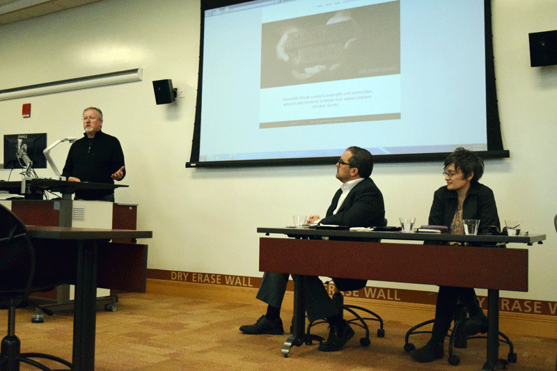 Local journalists Tom Callinan, Elissa Yancey and Bob Driehaus spoke to students Monday at Griffin Hall during the Lunch with the Pros event.