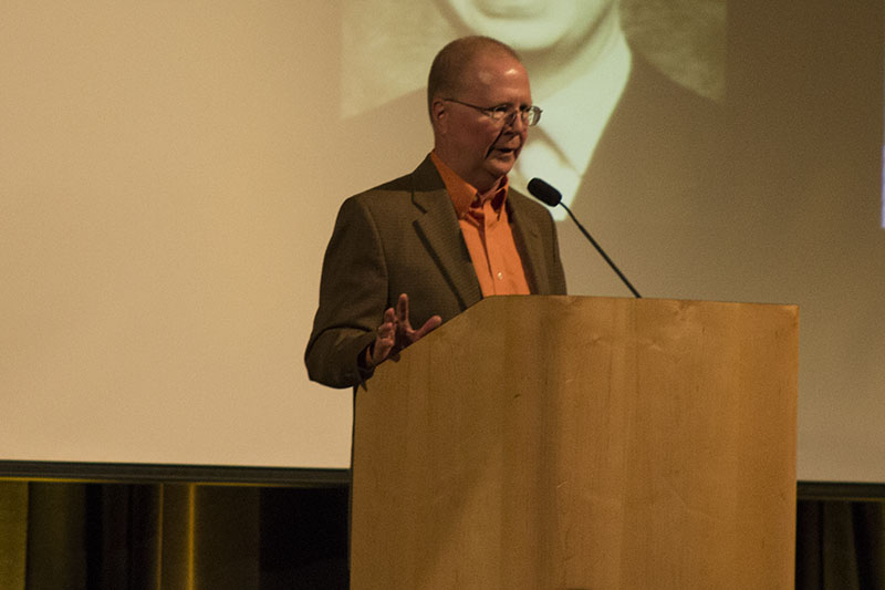 Dr. Russell Proctor addresses a crowd of hundreds in one of his final speeches at NKU. He will retire this semester after 25 years at NKU.