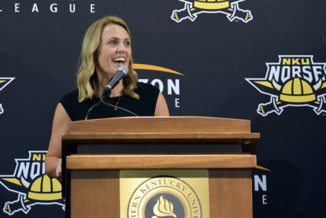 NKU women's basketball coach Camryn Whitaker at her introductory press conference Tuesday at BB&T Arena.