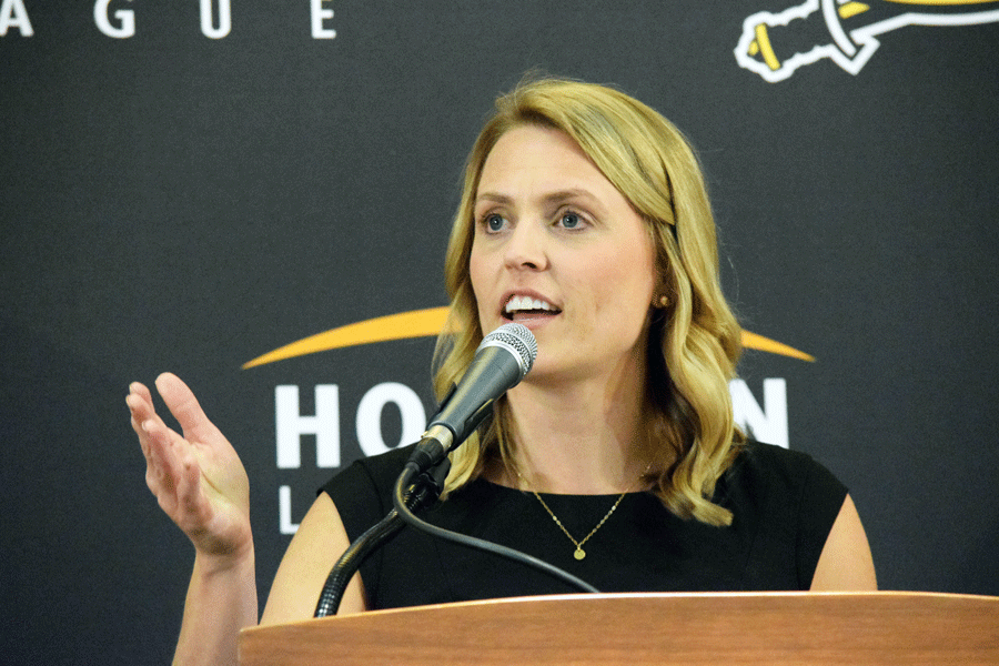 NKU introduced new women's basketball coach Camryn Whitaker during Tuesday's press conference at BB&T Arena.