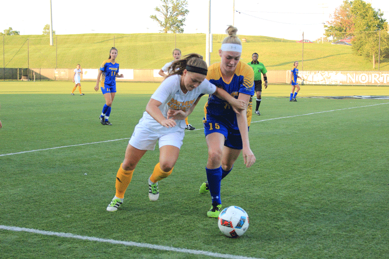 Forward Jessica Frey fights for the ball before it goes out of bounds. The Norse beat MSU 1-0.